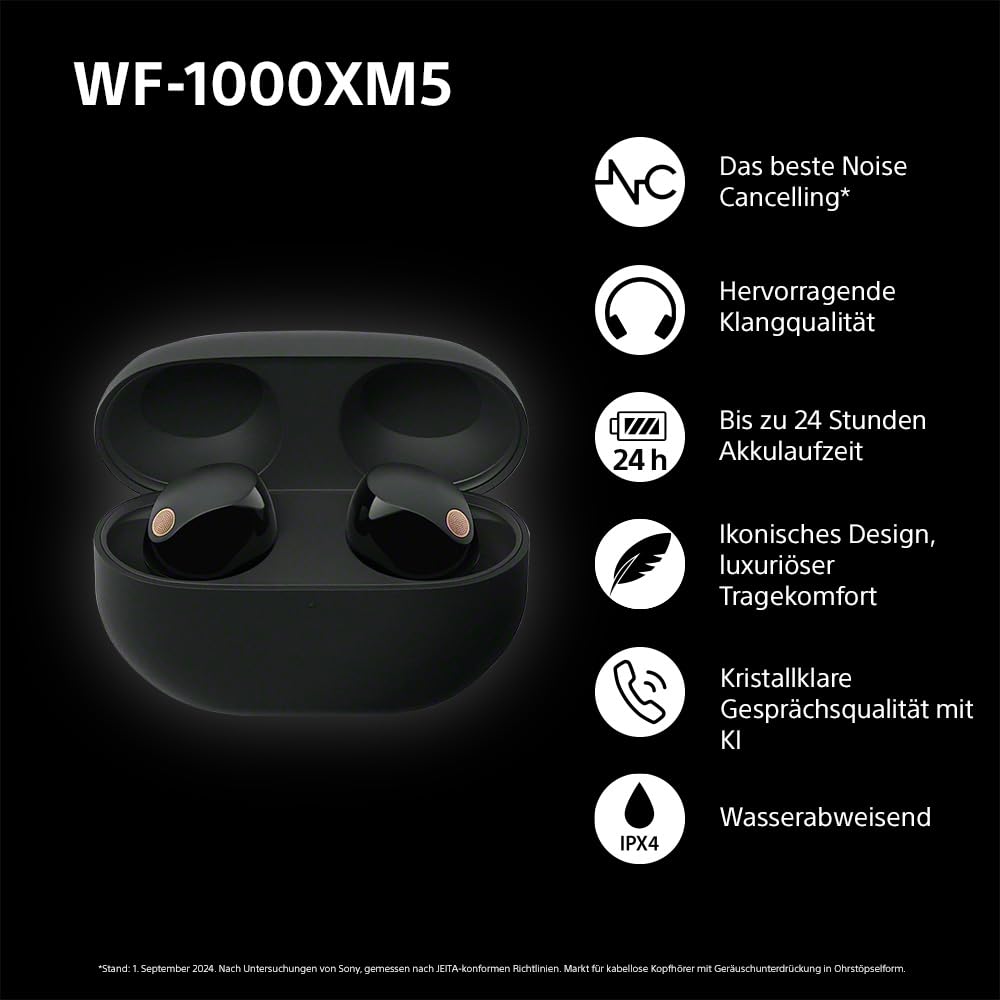 Was auf's Ohr? Sony WF-1000XM5 Kabellose Noise Cancelling Kopfhörer, Bluetooth, In-Ear-Kopfhörer, Mikrofon, bis zu 24 Stunden Akkulaufzeit, Schnellladefunktion, IPX4, iOS & Android kompatibel