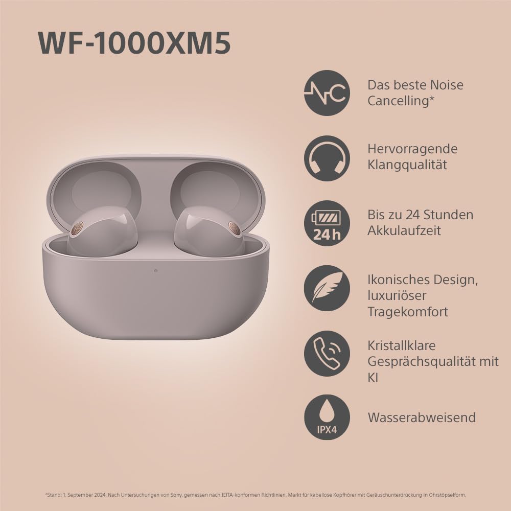 Was auf's Ohr? Sony WF-1000XM5 Kabellose Noise Cancelling Kopfhörer, Bluetooth, In-Ear-Kopfhörer, Mikrofon, bis zu 24 Stunden Akkulaufzeit, Schnellladefunktion, IPX4, iOS & Android kompatibel