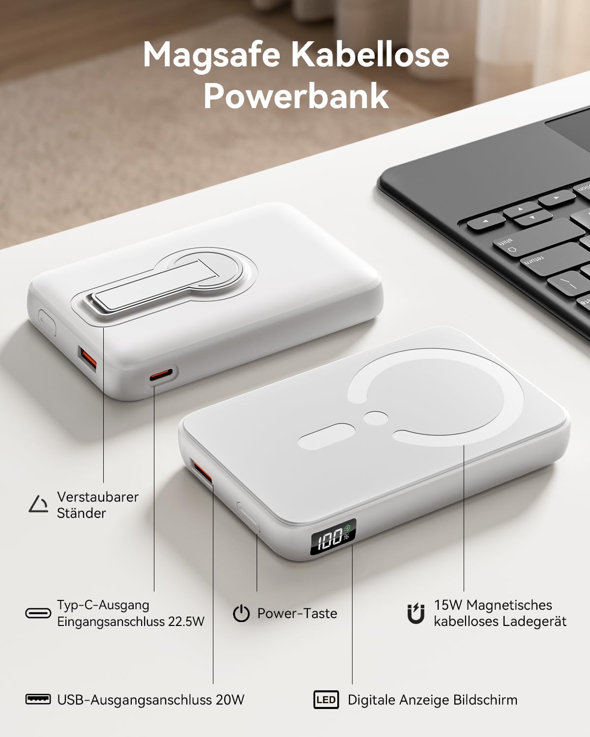 Genug Saft dabei? Powerbank für Magsafe, 12000mAh Kabellose Power Bank mit 22.5W PD USB-A Ausgabe, Magnetisch, Externer Handyakku mit LED-Anzeige, Typ-C Eingang & Ausgang für iPhone 17/16/15/14/13/12/Pro/Pro Max