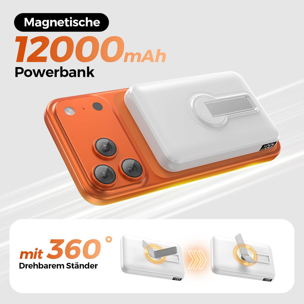 Genug Saft dabei? Powerbank für Magsafe, 12000mAh Kabellose Power Bank mit 22.5W PD USB-A Ausgabe, Magnetisch, Externer Handyakku mit LED-Anzeige, Typ-C Eingang & Ausgang für iPhone 17/16/15/14/13/12/Pro/Pro Max
