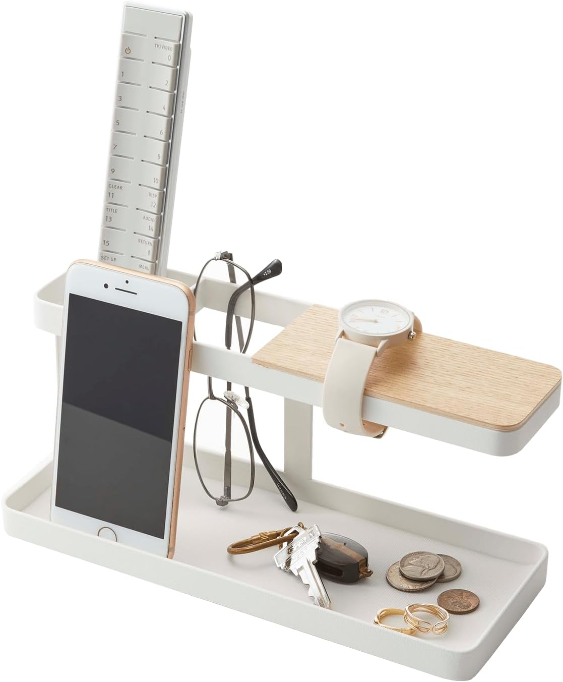 Räum doch mal auf... Yamazaki Tower Tisch-Organizer, weiß, Stahl/Holz, Minimalistisches Design, 24,5 x 9,7 x 11,3 cm (LxBxH)