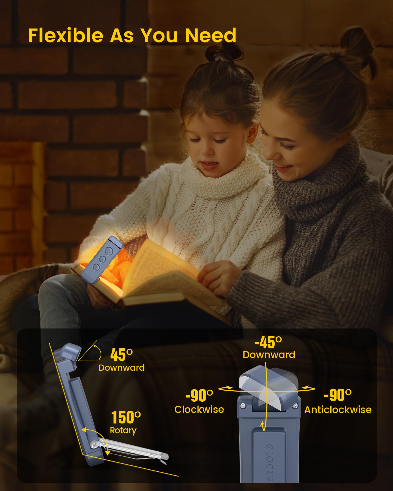 Für sanftes Licht: Glocusent Leselampe Buch Klemme, Augenschonende Bücher-Leselampe mit 3 Farben & 5 dimmbaren Helligkeiten, 80Std. Lebensdauer, wiederaufladbar