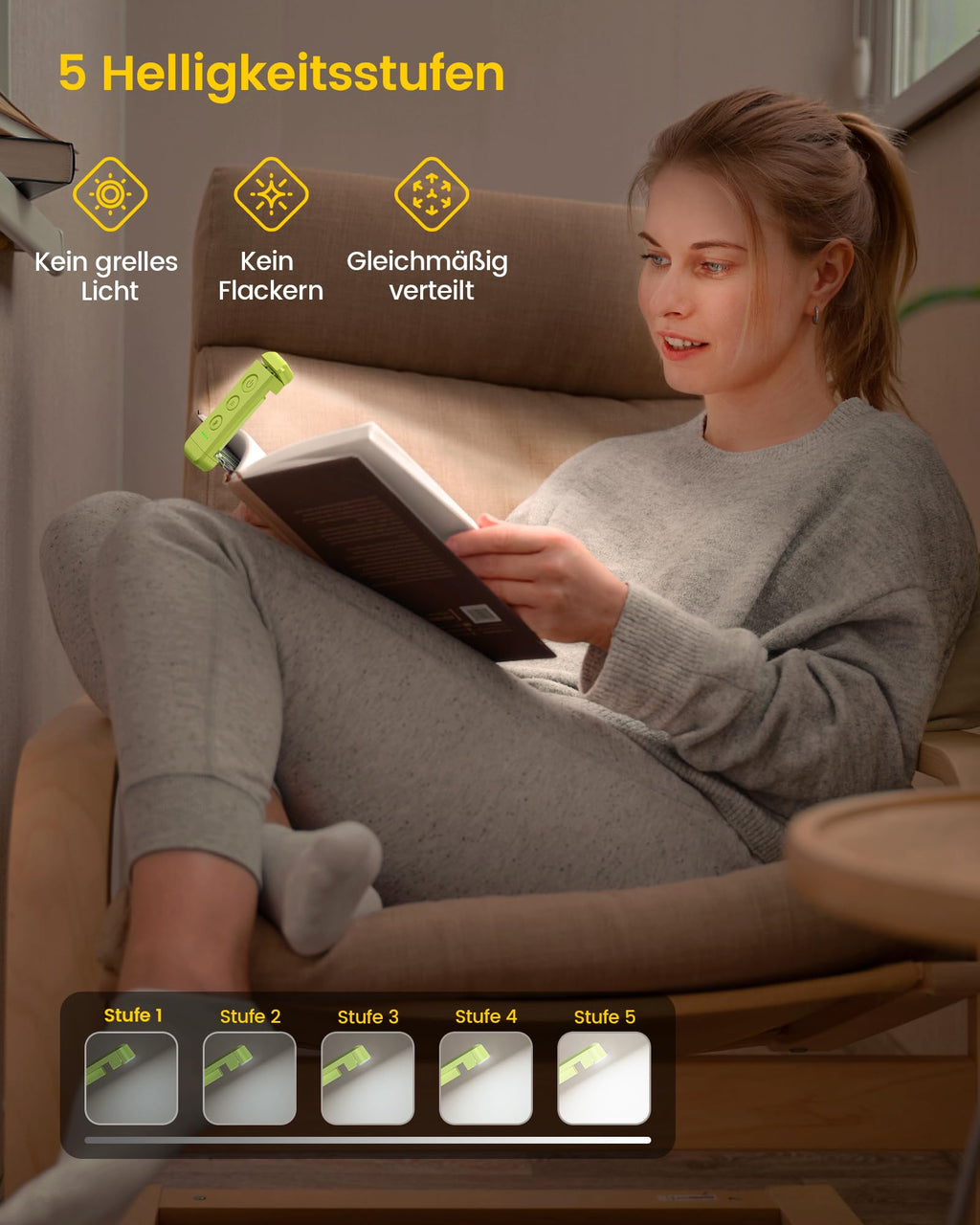 Für sanftes Licht: Glocusent Leselampe Buch Klemme, Augenschonende Bücher-Leselampe mit 3 Farben & 5 dimmbaren Helligkeiten, 80Std. Lebensdauer, wiederaufladbar