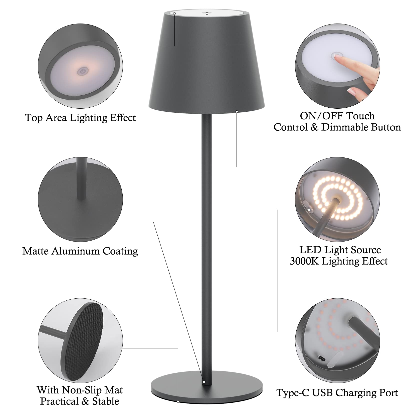 Es werde Licht: Klighten 2 Stück LED Dimmbare Akku Tischlampe, kabellos, wiederaufladbar, warme Lichtfarbe 3000K, Tischleuchte für Innen und Aussen mit USB-C, Aluminium, IP54 Wasserdicht, Dunkelgrau