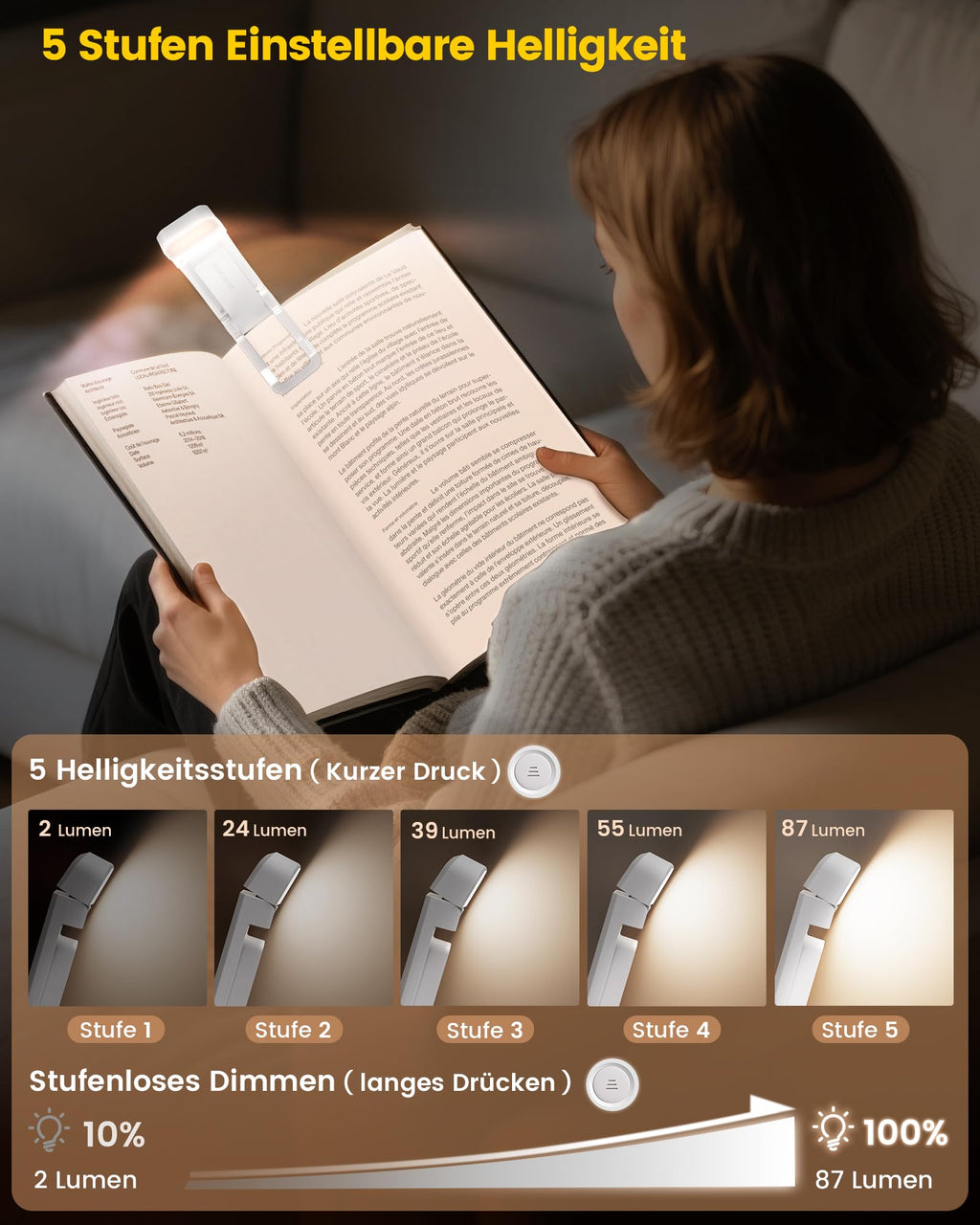 Für sanftes Licht: Glocusent Leselampe Buch Klemme, Augenschonende Bücher-Leselampe mit 3 Farben & 5 dimmbaren Helligkeiten, 80Std. Lebensdauer, wiederaufladbar