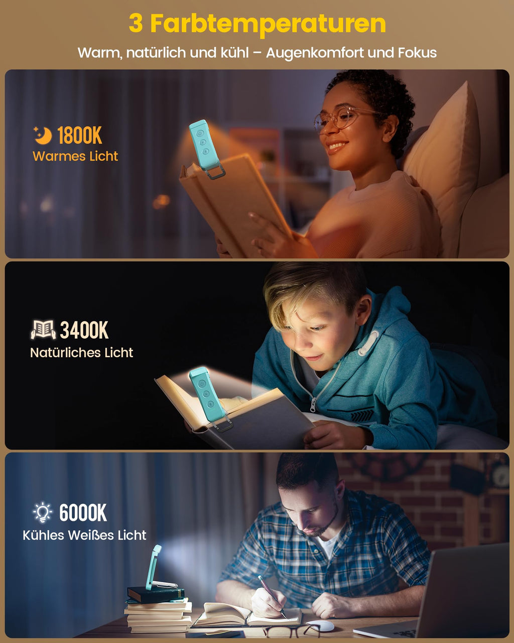 Für sanftes Licht: Glocusent Leselampe Buch Klemme, Augenschonende Bücher-Leselampe mit 3 Farben & 5 dimmbaren Helligkeiten, 80Std. Lebensdauer, wiederaufladbar