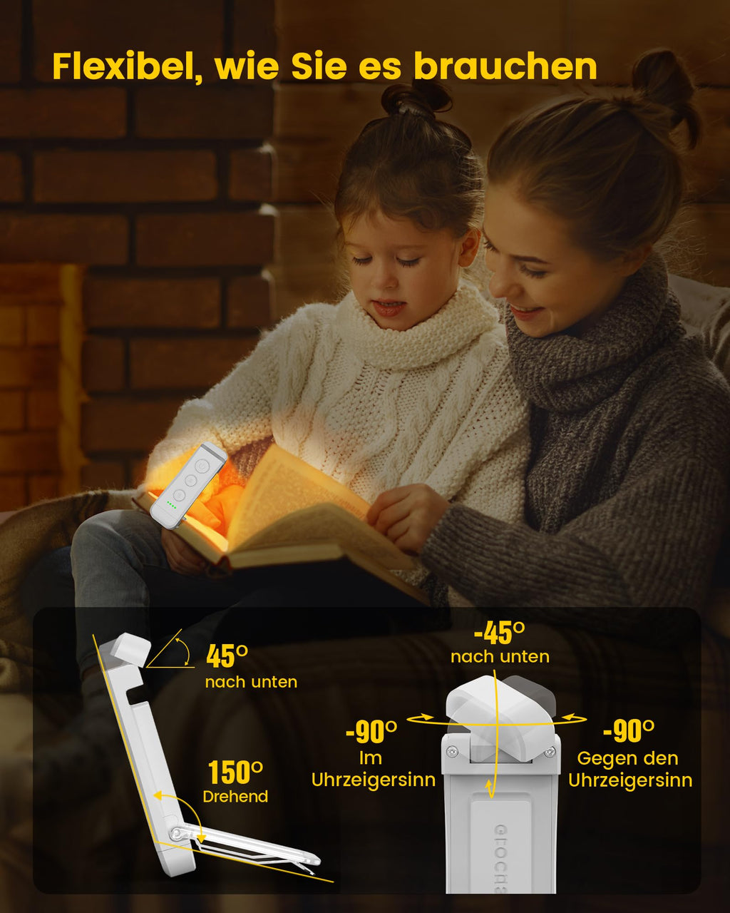 Für sanftes Licht: Glocusent Leselampe Buch Klemme, Augenschonende Bücher-Leselampe mit 3 Farben & 5 dimmbaren Helligkeiten, 80Std. Lebensdauer, wiederaufladbar