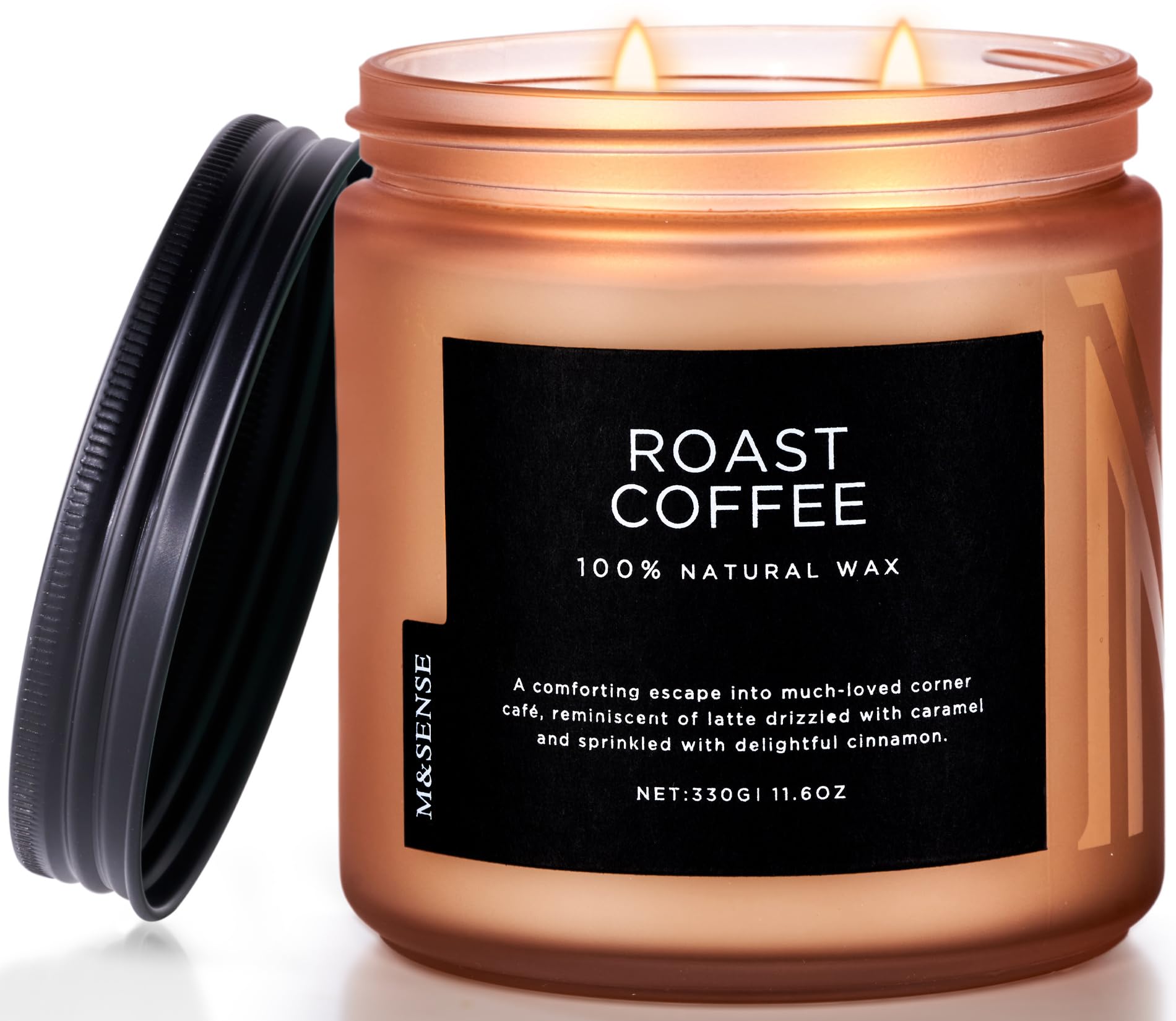 Hmm, riecht das hier gut... M&SENSE Kaffee Duftkerzen im Glas mit 2 Dochten, 70 Stunden Brenndauer, natürliche Sojawachs Kerze für die ganze Wohnung, Geschenk für Männer und Frauen