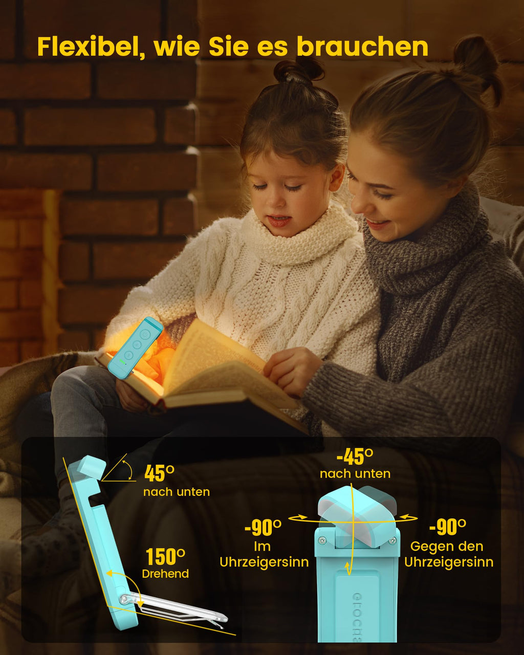 Für sanftes Licht: Glocusent Leselampe Buch Klemme, Augenschonende Bücher-Leselampe mit 3 Farben & 5 dimmbaren Helligkeiten, 80Std. Lebensdauer, wiederaufladbar