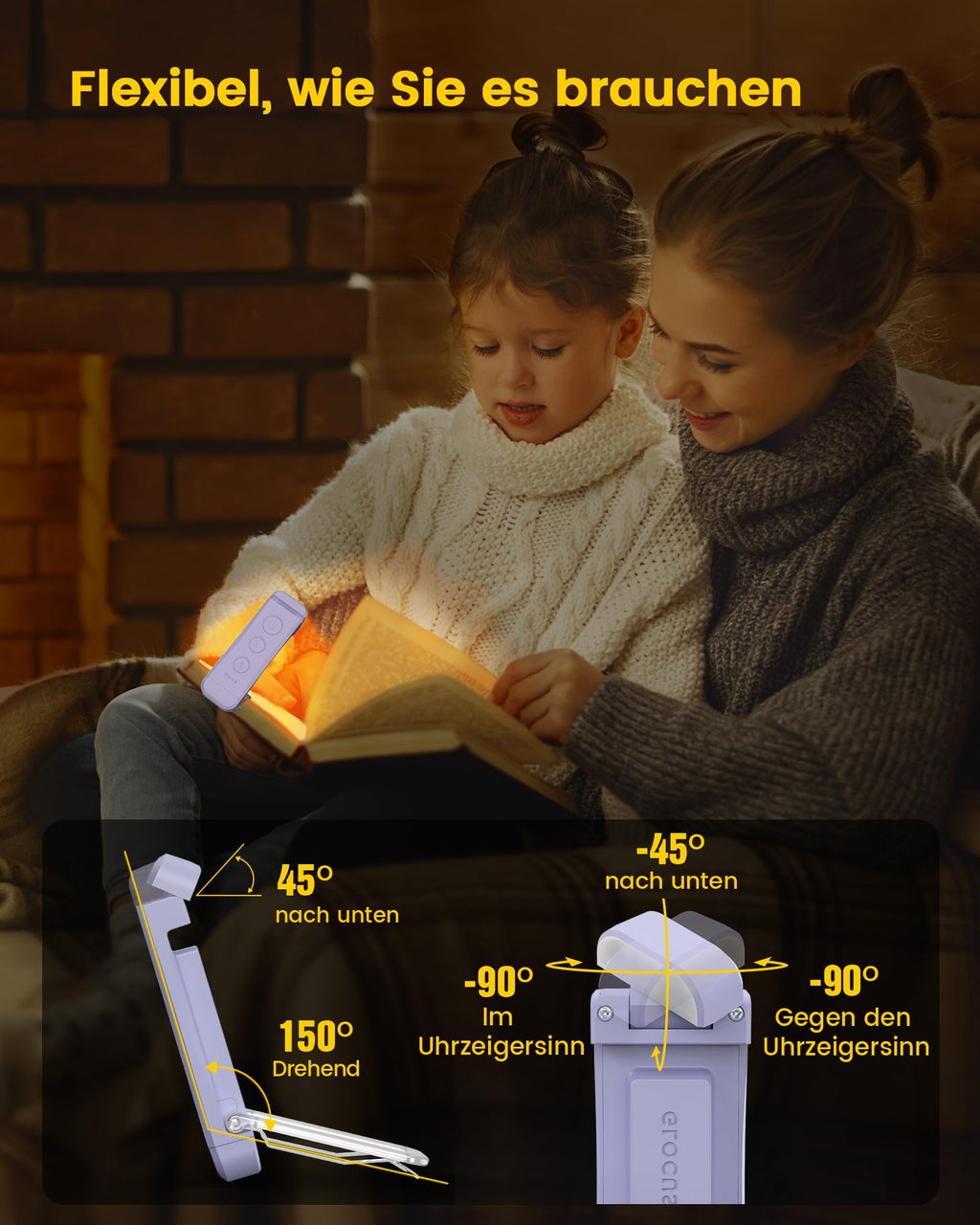 Für sanftes Licht: Glocusent Leselampe Buch Klemme, Augenschonende Bücher-Leselampe mit 3 Farben & 5 dimmbaren Helligkeiten, 80Std. Lebensdauer, wiederaufladbar