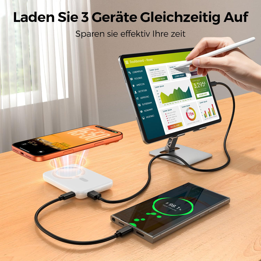 Genug Saft dabei? Powerbank für Magsafe, 12000mAh Kabellose Power Bank mit 22.5W PD USB-A Ausgabe, Magnetisch, Externer Handyakku mit LED-Anzeige, Typ-C Eingang & Ausgang für iPhone 17/16/15/14/13/12/Pro/Pro Max