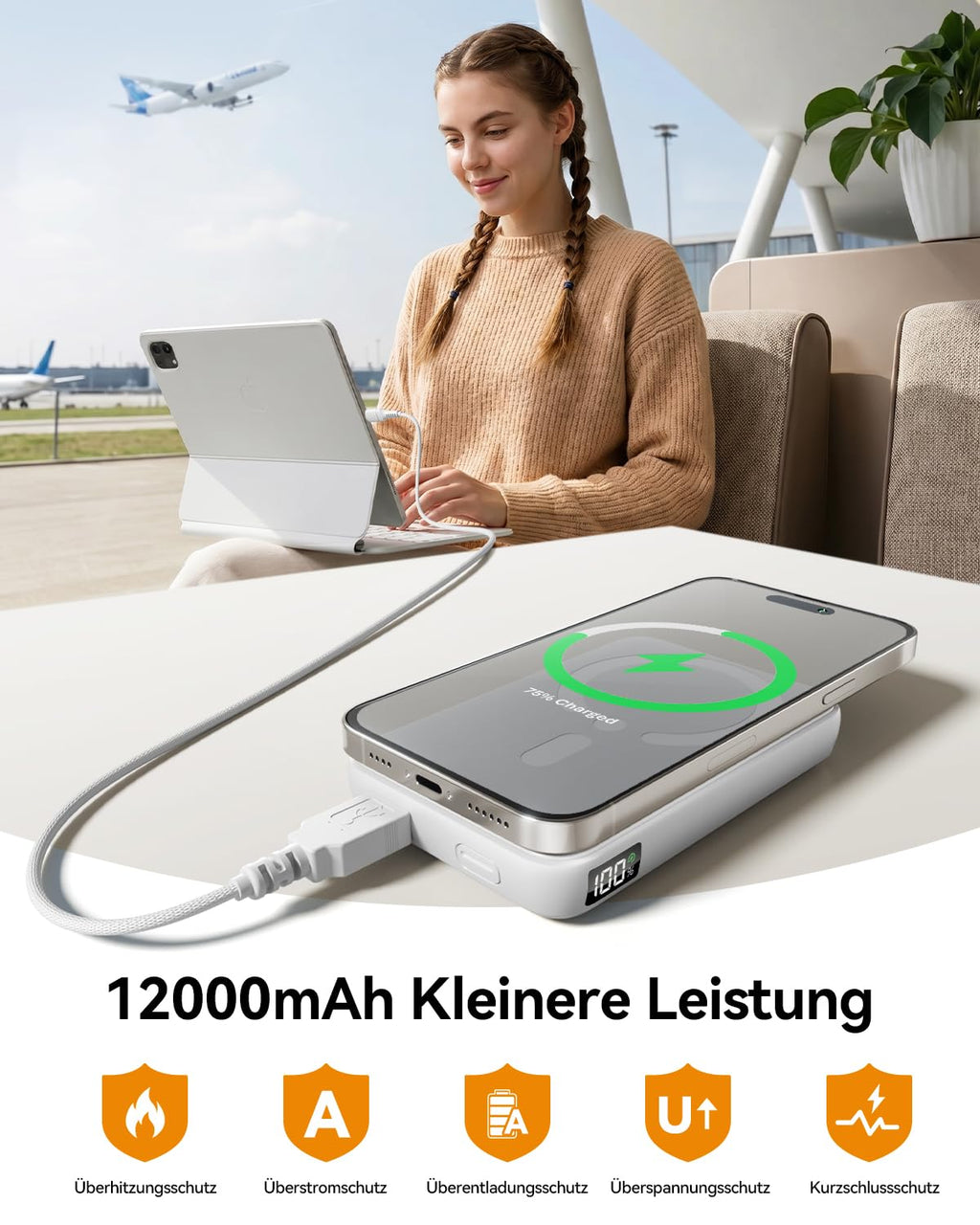 Genug Saft dabei? Powerbank für Magsafe, 12000mAh Kabellose Power Bank mit 22.5W PD USB-A Ausgabe, Magnetisch, Externer Handyakku mit LED-Anzeige, Typ-C Eingang & Ausgang für iPhone 17/16/15/14/13/12/Pro/Pro Max