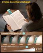 Für sanftes Licht: Glocusent Leselampe Buch Klemme, Augenschonende Bücher-Leselampe mit 3 Farben & 5 dimmbaren Helligkeiten, 80Std. Lebensdauer, wiederaufladbar
