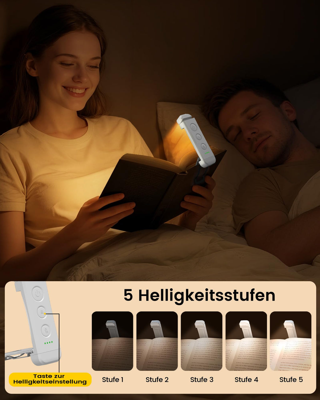 Für sanftes Licht: Glocusent Leselampe Buch Klemme, Augenschonende Bücher-Leselampe mit 3 Farben & 5 dimmbaren Helligkeiten, 80Std. Lebensdauer, wiederaufladbar