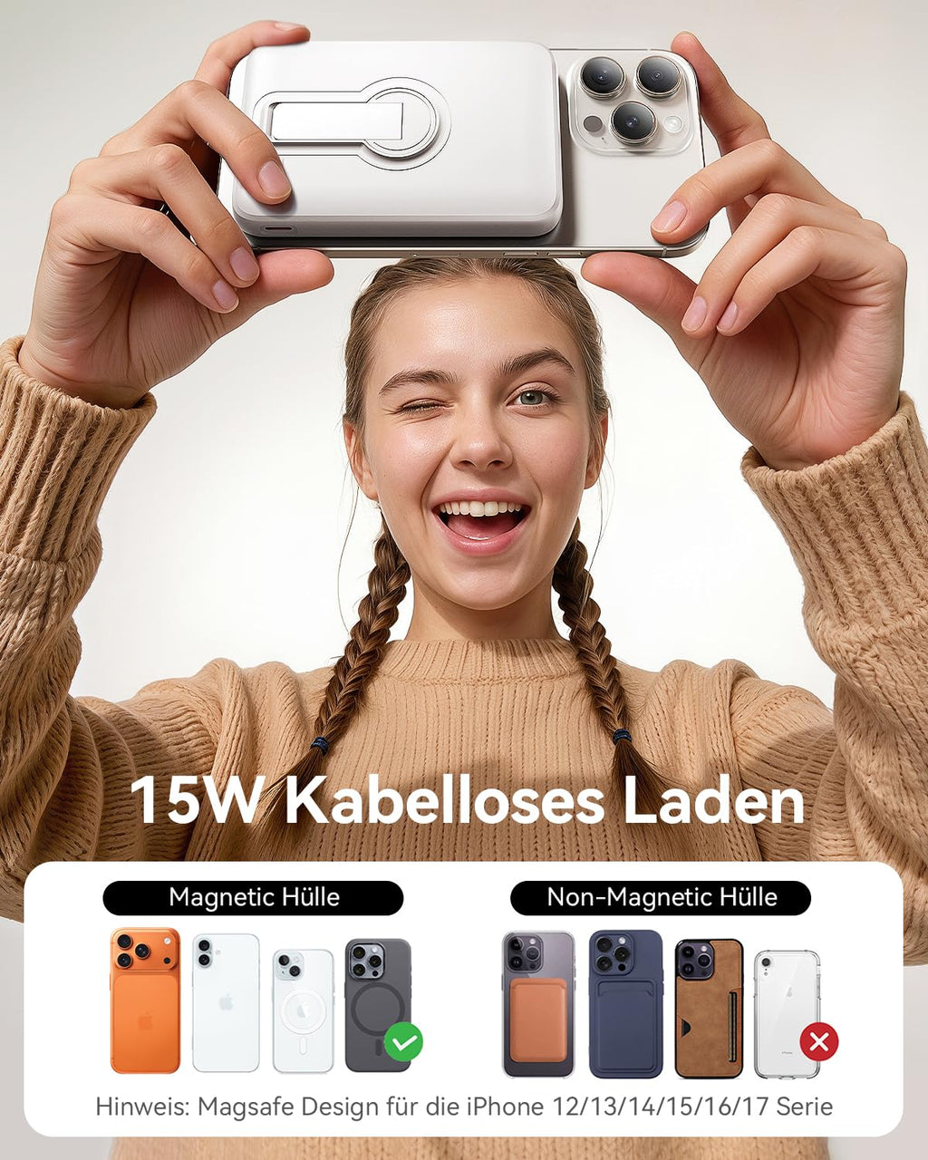 Genug Saft dabei? Powerbank für Magsafe, 12000mAh Kabellose Power Bank mit 22.5W PD USB-A Ausgabe, Magnetisch, Externer Handyakku mit LED-Anzeige, Typ-C Eingang & Ausgang für iPhone 17/16/15/14/13/12/Pro/Pro Max