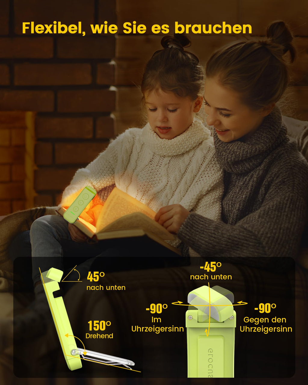 Für sanftes Licht: Glocusent Leselampe Buch Klemme, Augenschonende Bücher-Leselampe mit 3 Farben & 5 dimmbaren Helligkeiten, 80Std. Lebensdauer, wiederaufladbar